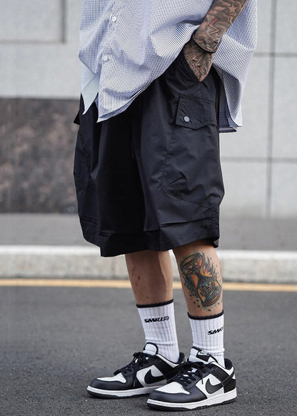 Black Lace Up Cotton Summer Shorts Elastic Waist