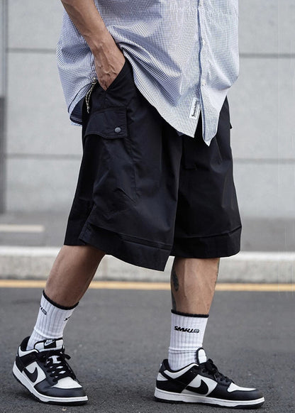 Black Lace Up Cotton Summer Shorts Elastic Waist