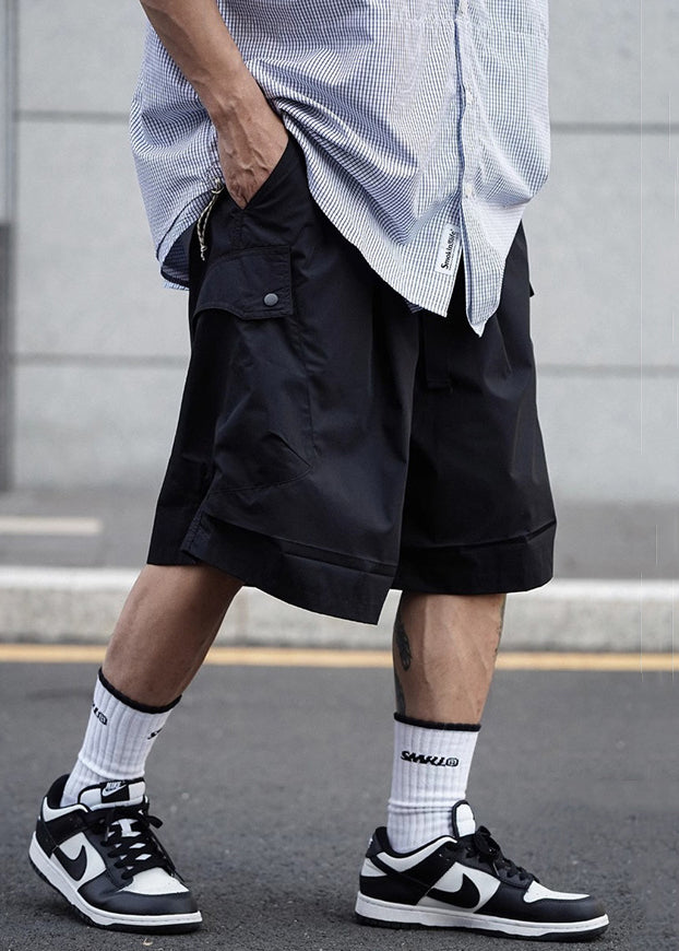 Black Lace Up Cotton Summer Shorts Elastic Waist