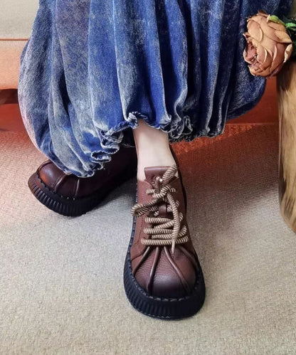 Black Lace Up Splicing Cowhide Leather Platform Shoes