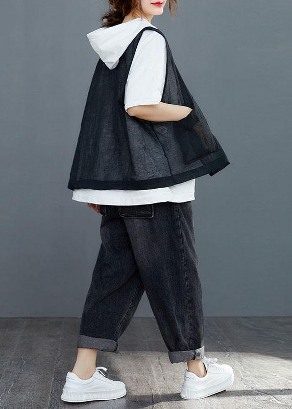 Black Linen Cardigan Vest Large Summer