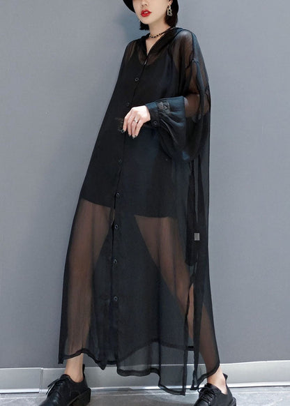 Black Loose Chiffon Upf 50+ Cardigans Oversized Side Open Summer
