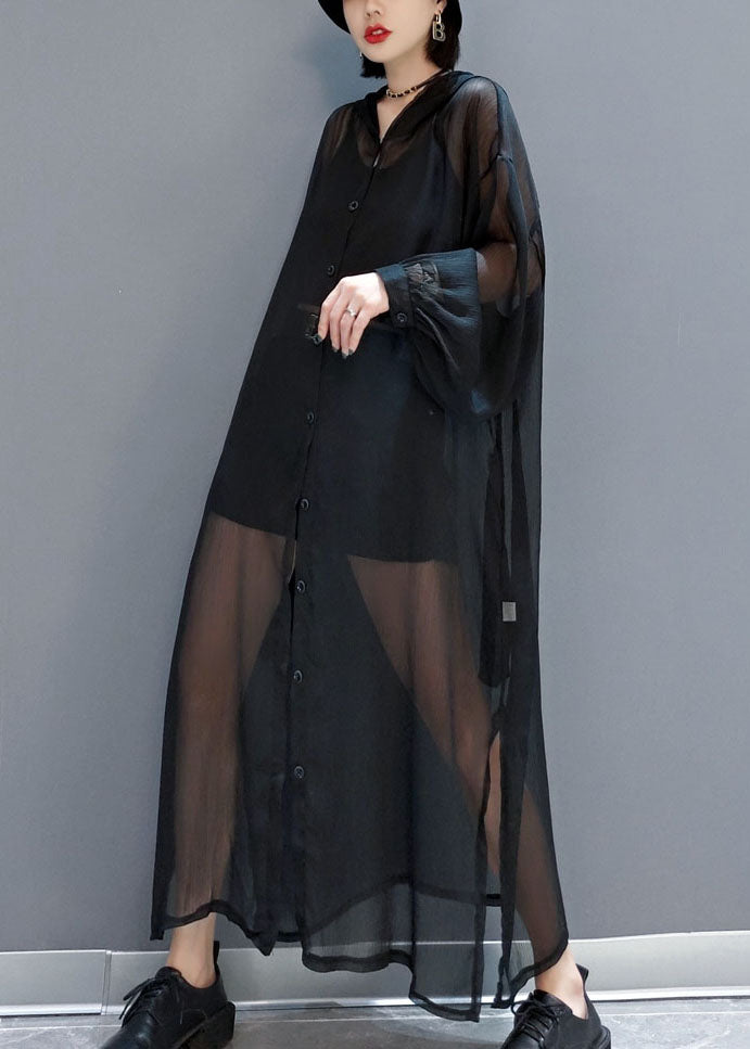 Black Loose Chiffon Upf 50+ Cardigans Oversized Side Open Summer