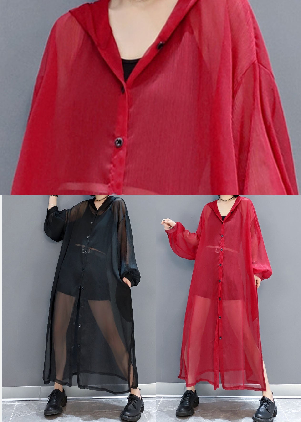 Black Loose Chiffon Upf 50+ Cardigans Oversized Side Open Summer