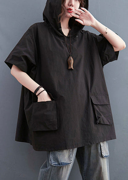 Black Loose Cotton Sweatshirt Hooded Pockets Summer