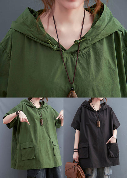 Black Loose Cotton Sweatshirt Hooded Pockets Summer