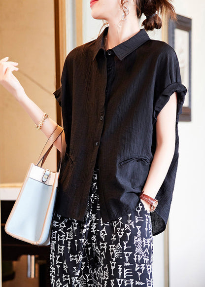 Black Low High Design Button Silk Shirt Summer