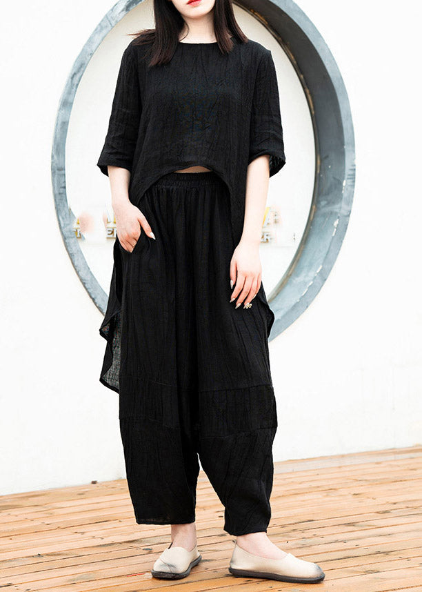 Black Low High Design Linen Tops and Crop Pants Two Pieces Set Summer