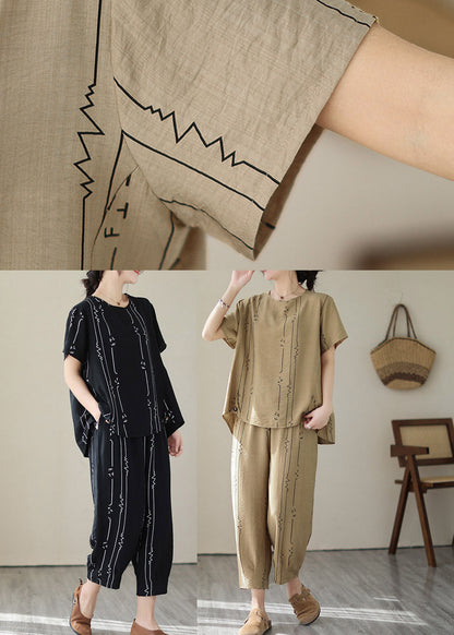 Black Low High Design Top and Harem Pants Two Piece Set Short Sleeve