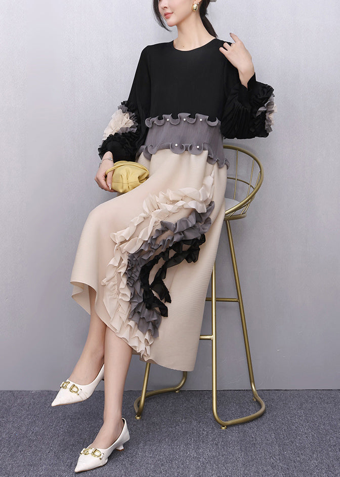 Black Nail Bead Patchwork Fall Maxi Dresses Ruffled