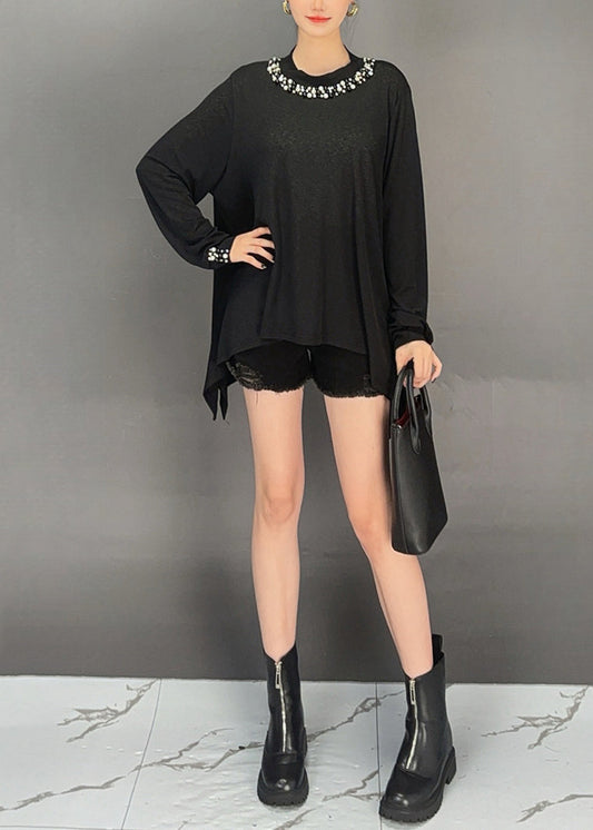 Black Nail Bead Thin Cotton T Shirt Asymmetrical