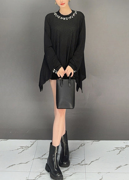 Black Nail Bead Thin Cotton T Shirt Asymmetrical