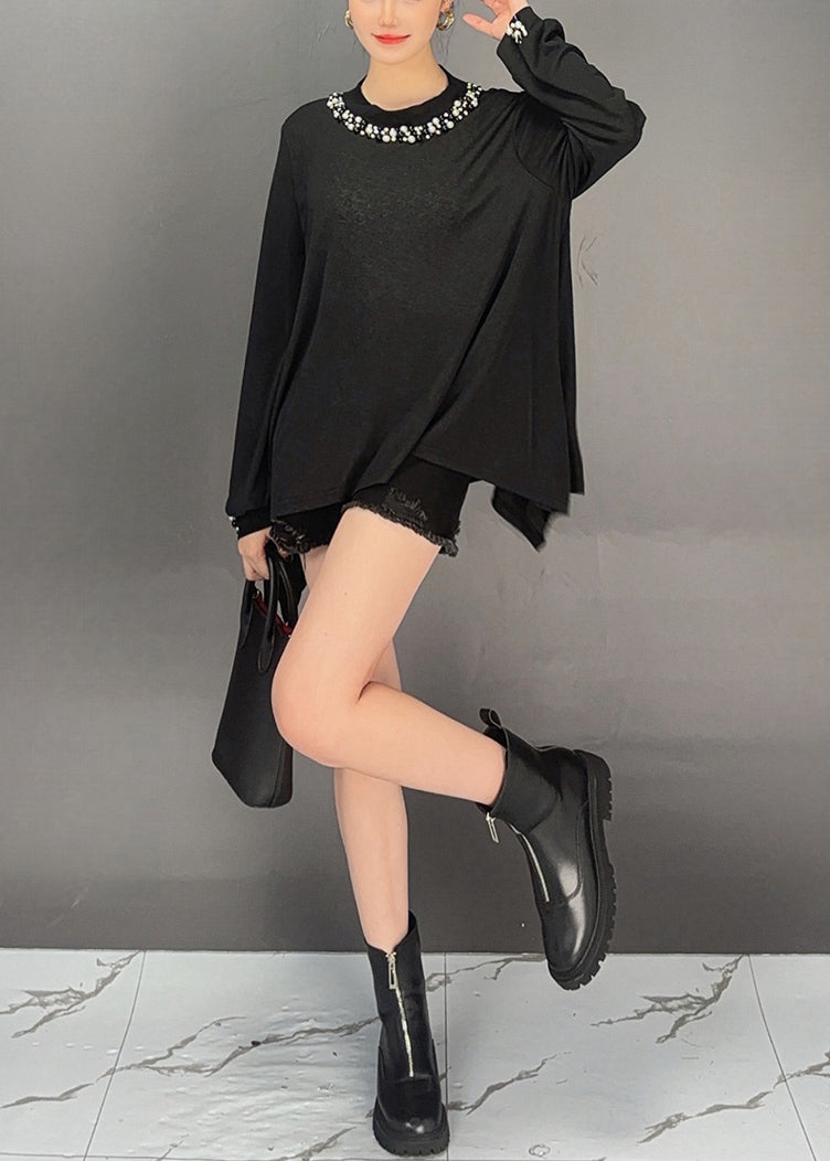 Black Nail Bead Thin Cotton T Shirt Asymmetrical