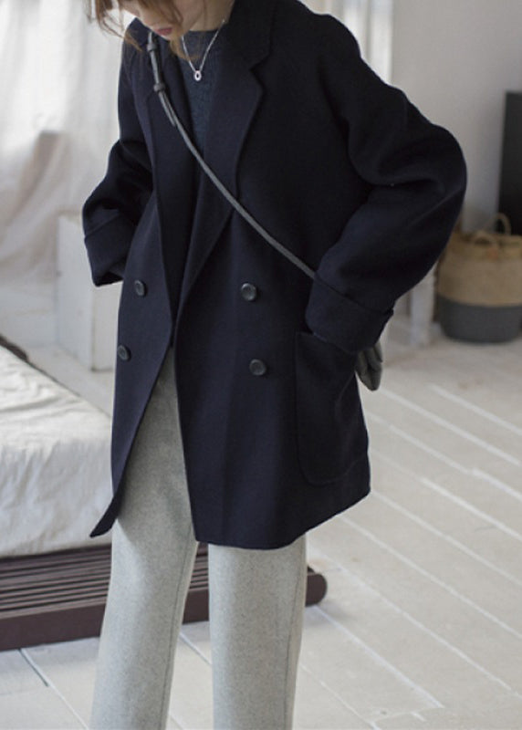 Black Notched Button Woolen Coats Fall