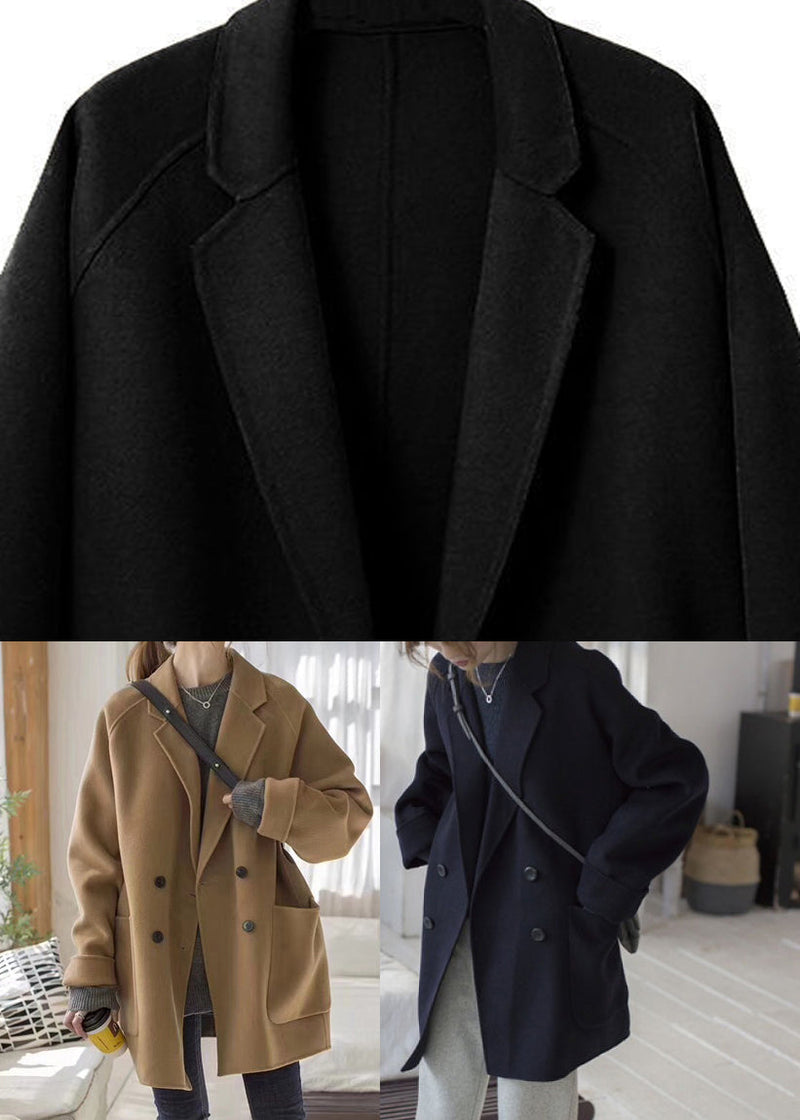 Black Notched Button Woolen Coats Fall