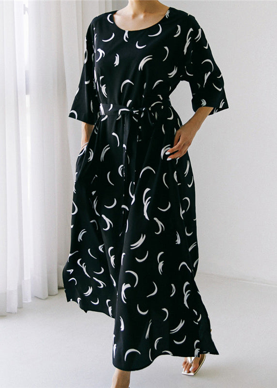 Black O-neck Bow Tie Waist Silk Maxi Dress Long Sleev