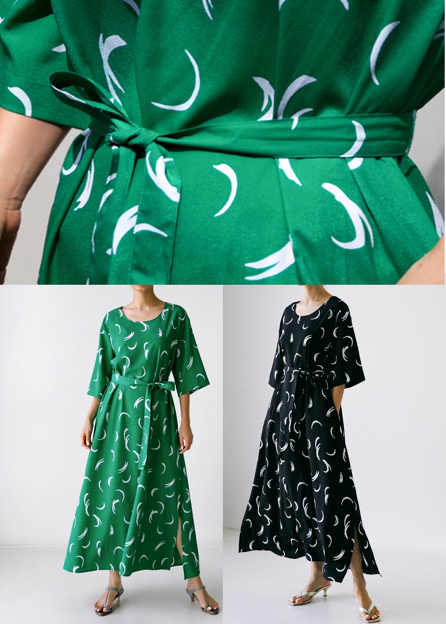 Black O-neck Bow Tie Waist Silk Maxi Dress Long Sleev