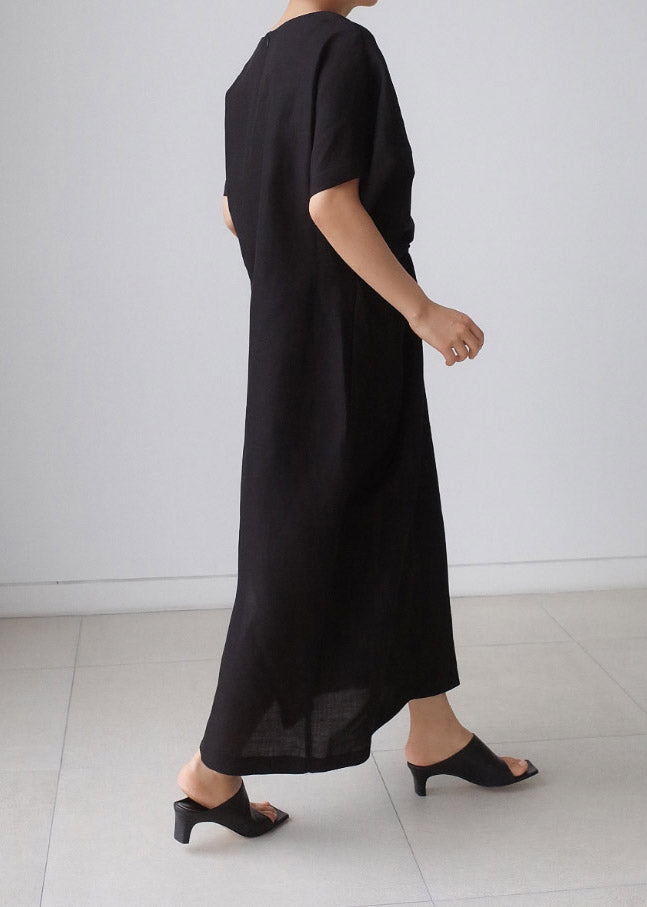 Black O-neck Bowknot Long Dress Short Sleeve