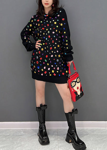 Black O-neck Bright Diamond Knit Mid Dress Winter