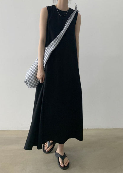 Black O-neck Cotton Robe Dresses Sleeveless