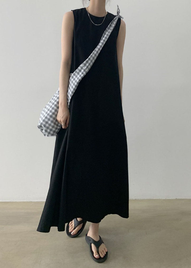 Black O-neck Cotton Robe Dresses Sleeveless