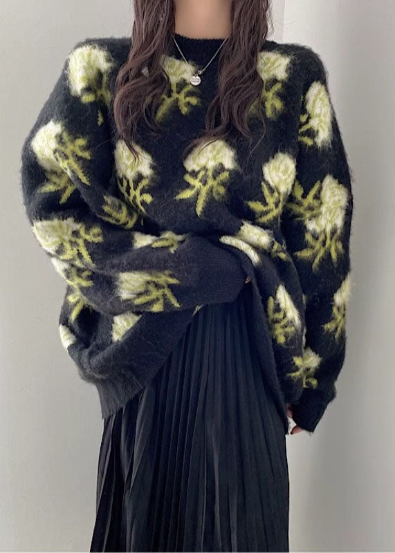 Black O-neck Cozy Ma Hai Mao Knit Sweaters Long Sleeve