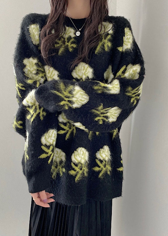Black O-neck Cozy Ma Hai Mao Knit Sweaters Long Sleeve