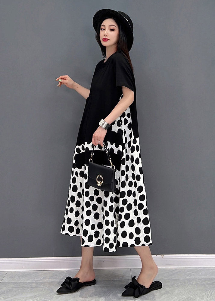 Black O-neck Dot Maxi Dresses Short Sleeve