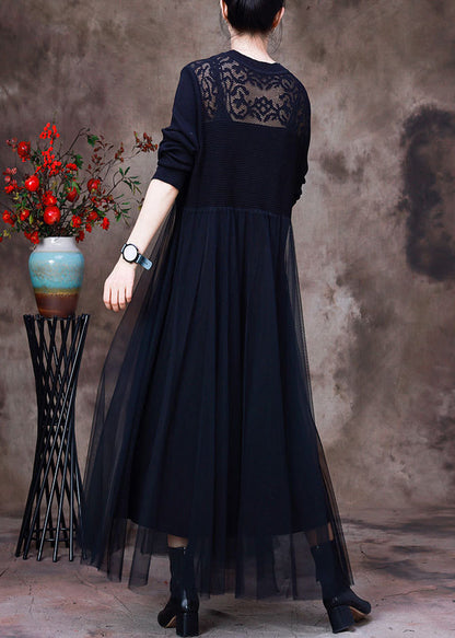 Black O-neck Hollow Out Knit Dress Long Sleeve