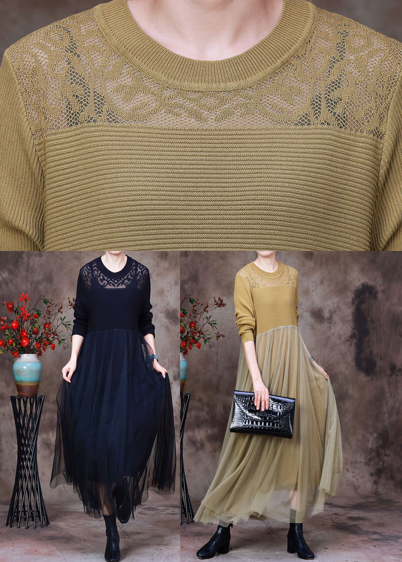Black O-neck Hollow Out Knit Dress Long Sleeve