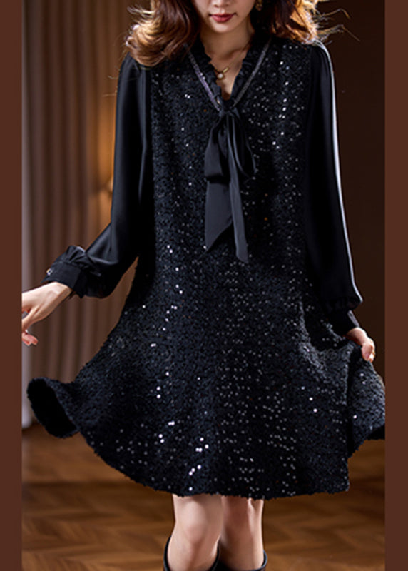 Black O-neck Lace Hooded Mid Dress Spring