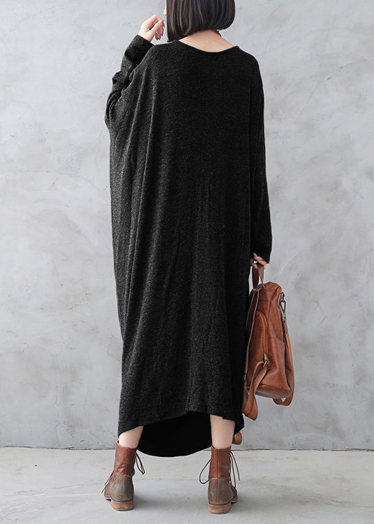 Black O-neck Low High Design Wool Knit Maxi Sweater Dress Fall