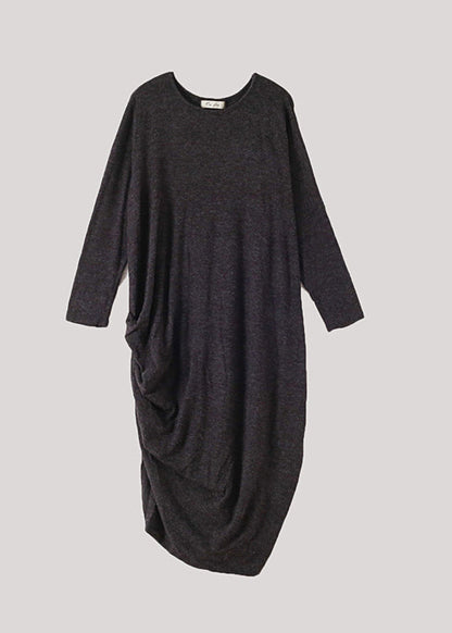 Black O-neck Low High Design Wool Knit Maxi Sweater Dress Fall