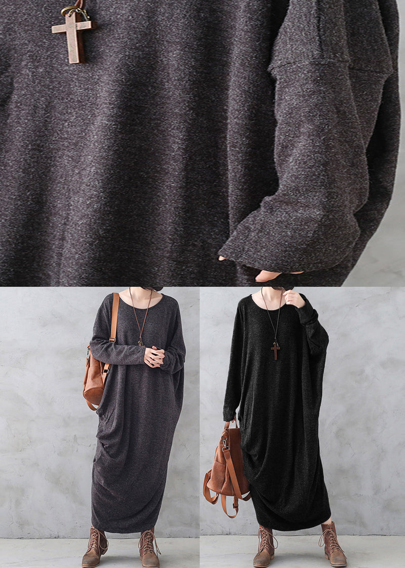 Black O-neck Low High Design Wool Knit Maxi Sweater Dress Fall
