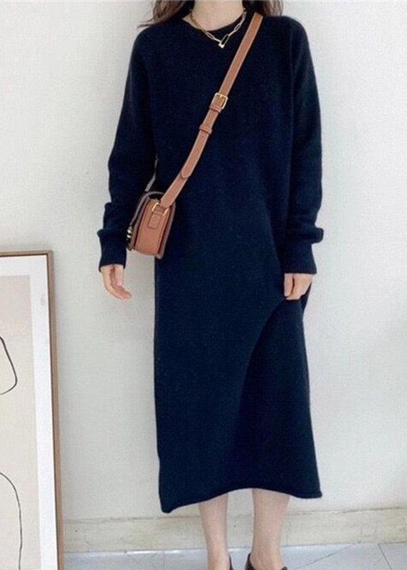 Black O-neck Maxi Cashmere Knit Dress Long Sleeve