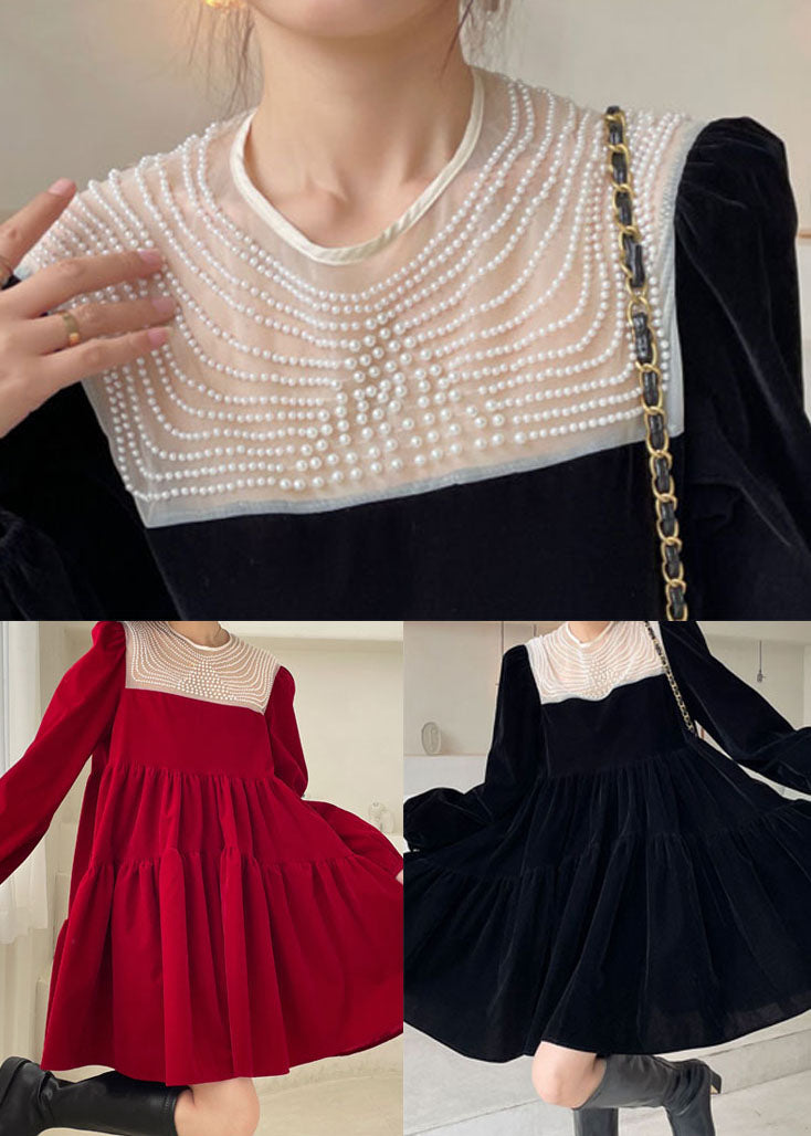 Black O-neck Nail Bead Velour Vacation Dress Spring
