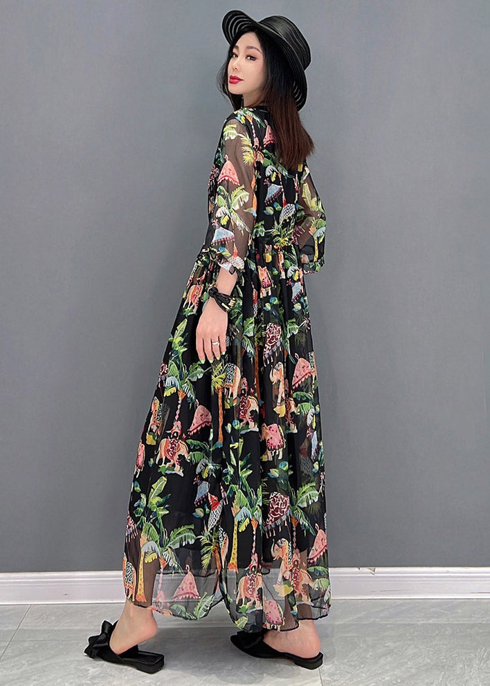 Black O-neck Patchwork Button Chiffon Dresses Short Sleeve