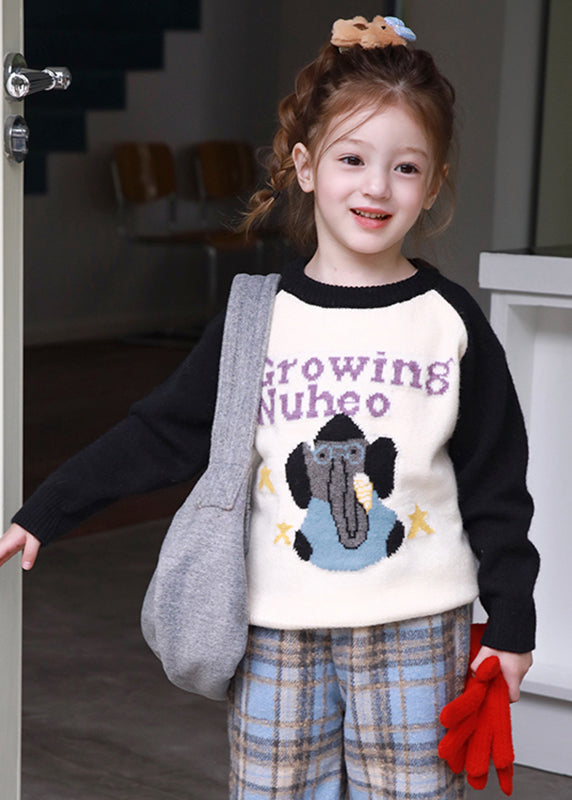 Black O-neck Patchwork Cotton Knit Sweater Spring