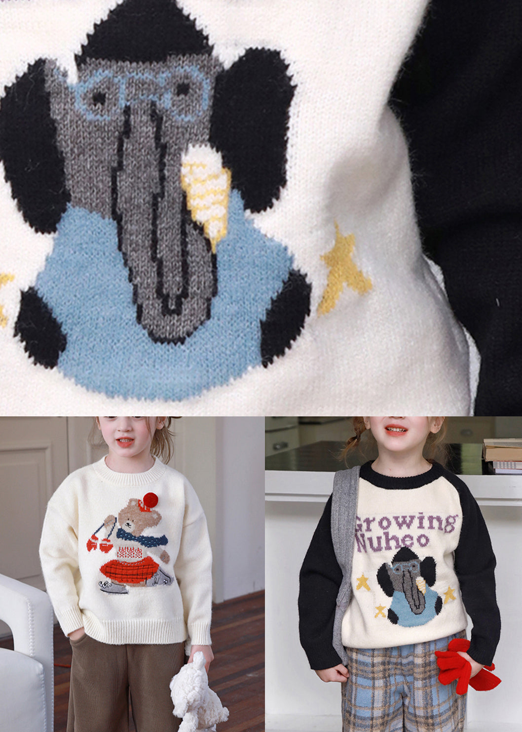 Black O-neck Patchwork Cotton Knit Sweater Spring