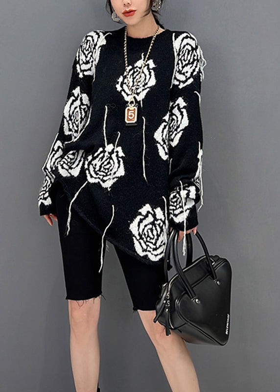 Black O-neck Print Knit Sweater Fall