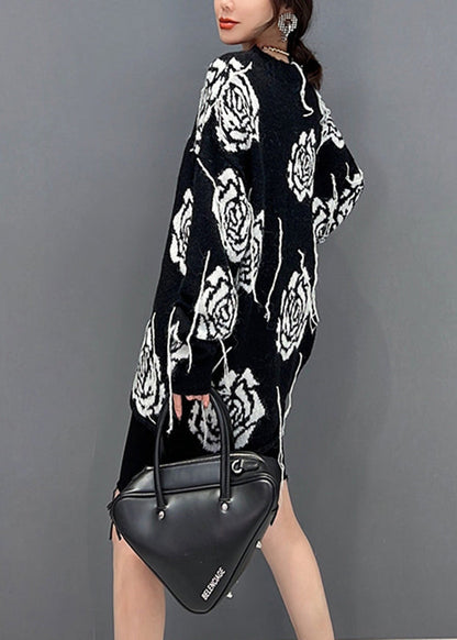 Black O-neck Print Knit Sweater Fall