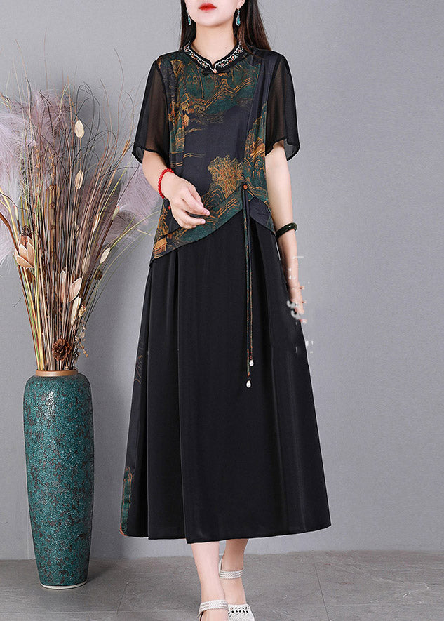 Black O-neck Print Patchwork Silk Dresses Short Sleeve