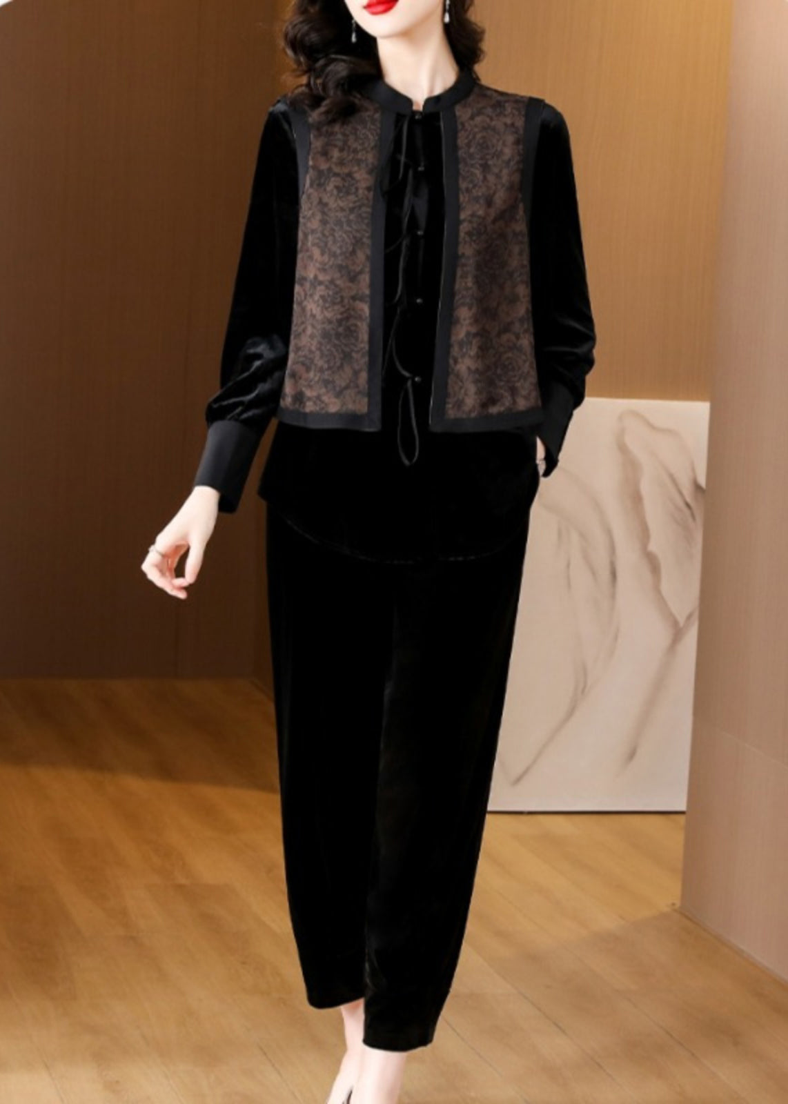 Black O-neck Print Silk Velour Shirts and Harem Pants Two Pieces Set Fall