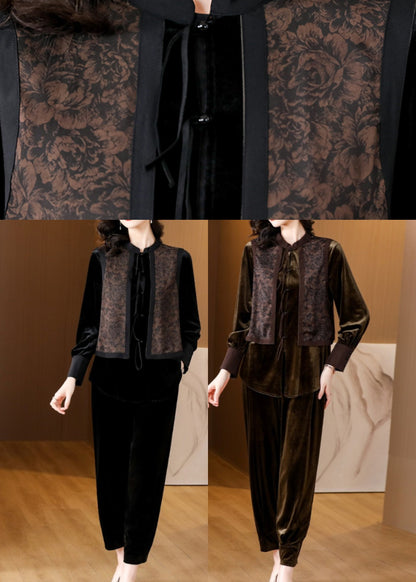 Black O-neck Print Silk Velour Shirts and Harem Pants Two Pieces Set Fall