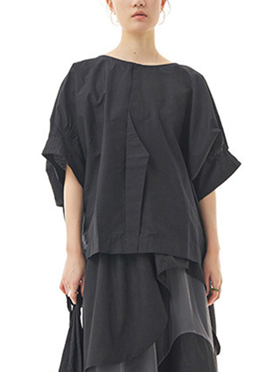 Black O-neck Cotton Top Lantern Sleeve