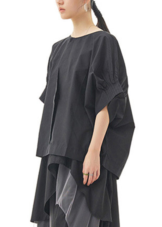 Black O-neck Cotton Top Lantern Sleeve