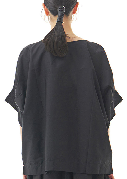 Black O-neck Cotton Top Lantern Sleeve