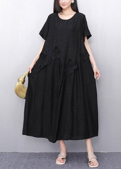 Black O-neck Long Dress Short Sleeve