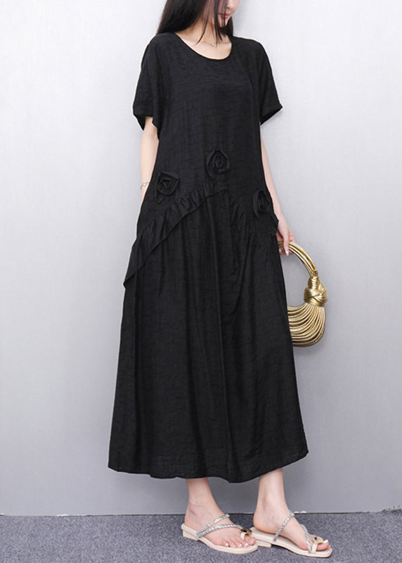 Black O-neck Long Dress Short Sleeve