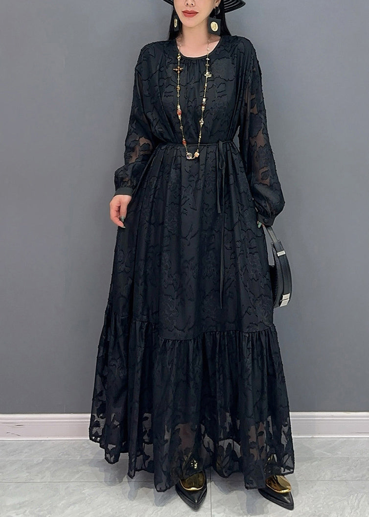 Black O-neck Tulle Maxi Dresses Lantern Sleeve